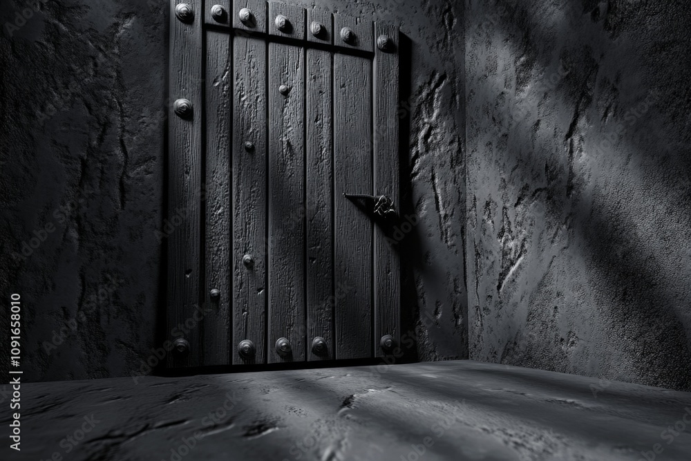 Poster ajar door in 3d, showing intricate textures and shadows, with a bright light source casting dramatic