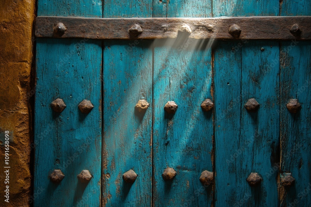 Poster Ajar door in 3D, showing intricate textures and shadows, with a bright light source casting dramatic rays