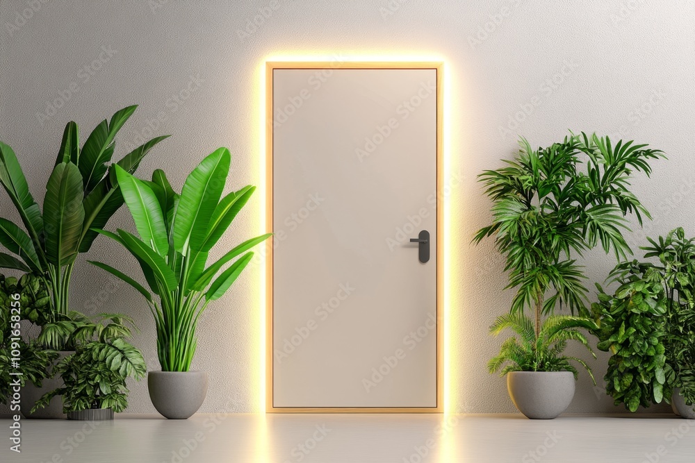 Poster Ajar door in a clean 2D illustration, with light rays extending outward into an otherwise empty white space