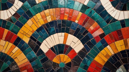 Vibrant retro geometric mosaic tile pattern with curved shapes in rich colors, creating a textured abstract background design.