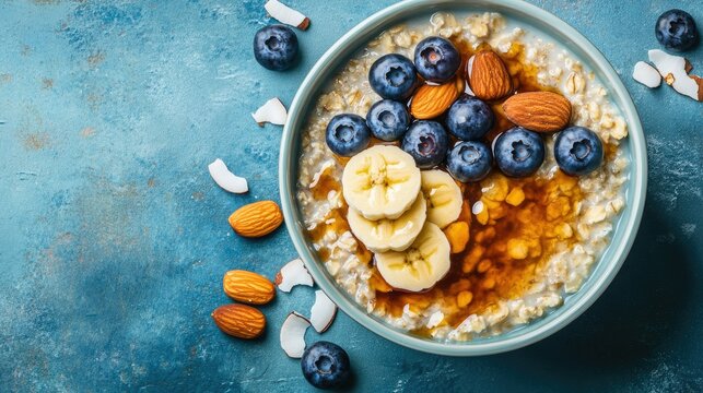 Bowl of oatmeal porridge with banana and blueberry on vintage table. top view . A cozy, homemade hot breakfast