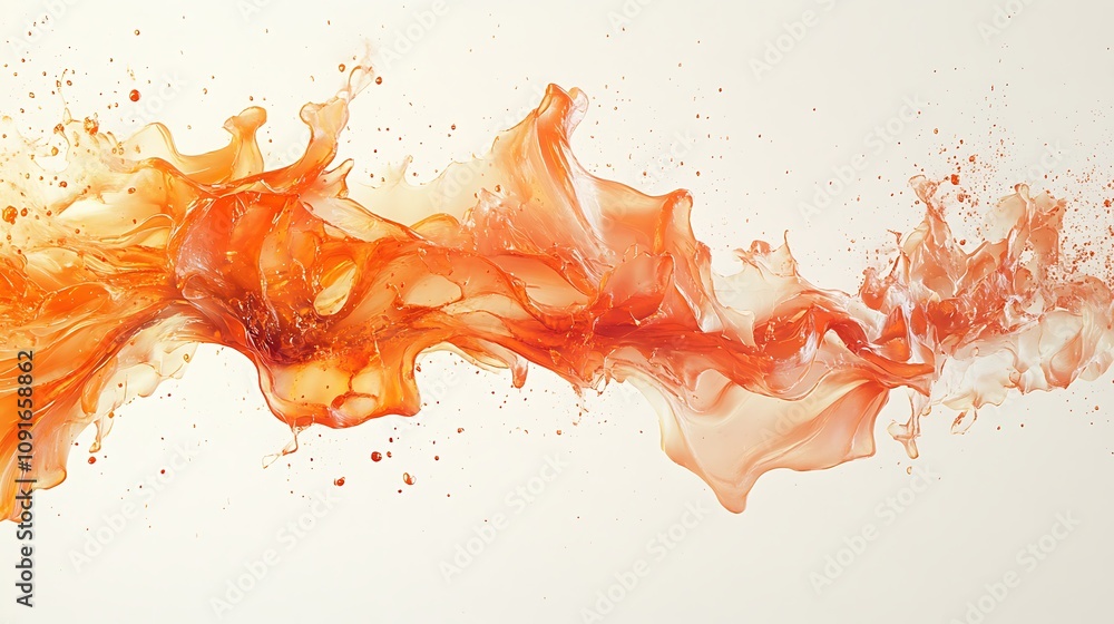 Poster Orange Liquid Splashing Dynamically Across White Background