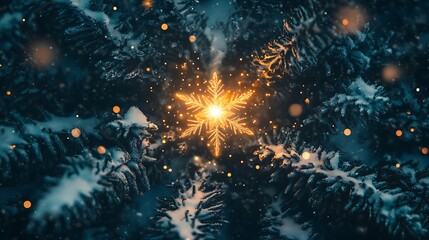 Fototapeta premium Golden Snowflake Glowing In Snowy Pine Branches