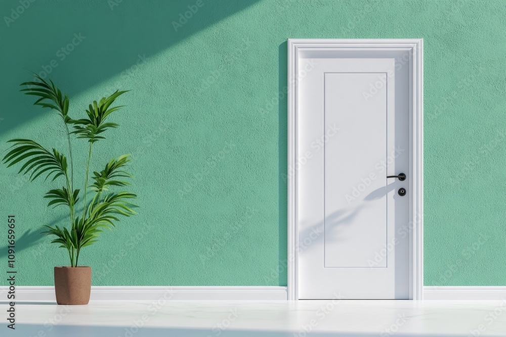 Fototapete ajar door with simple, bold lines showing light escaping into a dark, empty space
