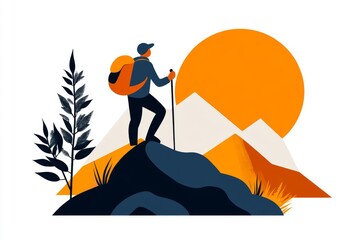 Fototapeta premium Flat 2D illustration of a person on a mountain peak, looking ahead at the sunrise, with vibrant yet simple colors on a white background