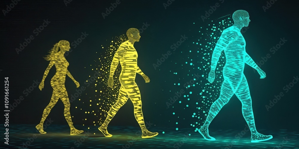 Poster abstract figures a composition of abstract human silhouettes filled with glitch patterns in neon yel