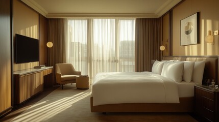 Obraz premium Modern hotel suite with large windows and a king-sized bed.