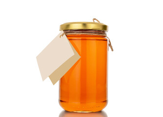 One glass jar with fragrant organic honey, macro, isolated on white background.