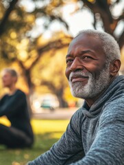 Fototapeta premium Multiracial senior people doing stretching workout exercises outdoor with city park in background - Healthy lifestyle and joyful elderly lifestyle concept - Focus on right man face