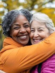 Fototapeta premium Multiracial senior people having fun hugging each other after sport workout at city park - Healthy lifestyle and joyful elderly lifestyle concept - Main focus on african woman face