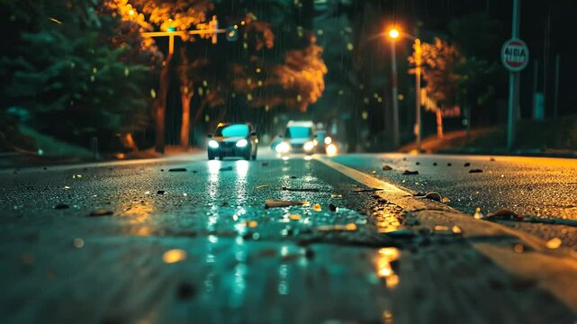 Blurred city lights and raindrops on a windowpane at night, The sound of crickets chirping and distant traffic fading into the background