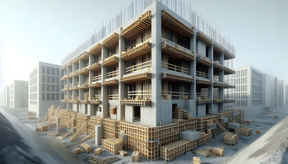 Baustelle im Rohbau mit Schalung. Bauarbeiten im Hochbau.