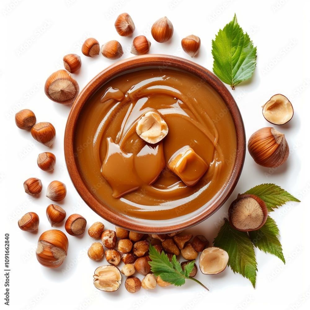 Poster hazelnut cream is blending with two hazelnut pralines in a rustic bowl surrounded by hazelnuts and l