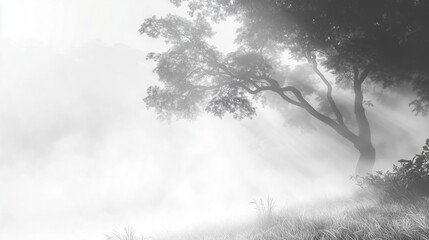 Obraz premium Black and white foggy landscape with tree and soft light beams