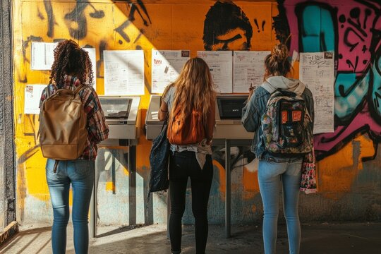 St&auml;dtische Szene mit drei jungen Frauen, die an Kiosken vor einer bunten Graffiti-Wand besch&auml;ftigt sind