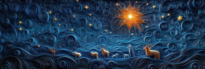 Oh Holy Night in Elegant Paper Quilling Style with Shepherds, Sheep, and Shining Star