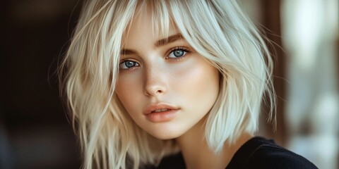 Fototapeta premium young woman with a bob haircut and light blonde hair color, soft blue eyes, fair skin