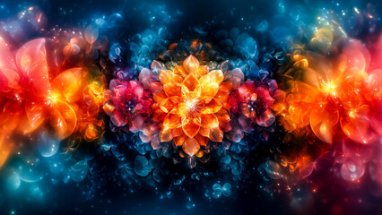 A kaleidoscopic abstract pattern with intricate symmetry, bold multicolor palette, and crystalline details in a futuristic digital art style.