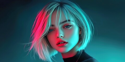 Naklejka premium striking girl with bold platinum-blonde hair and colorful lighting effects