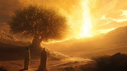 Fototapeta premium Two Figures Gazing at a Glowing Eruption in a Desert Landscape