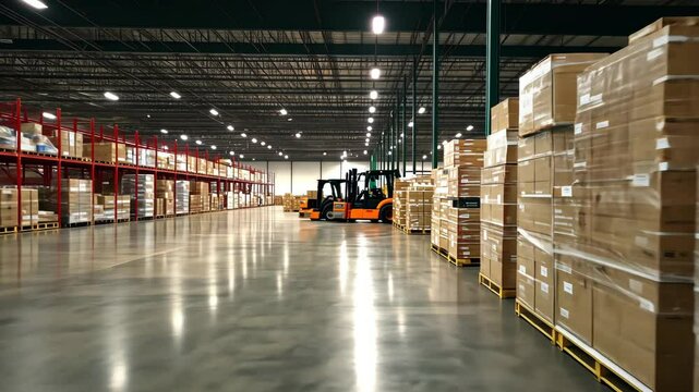 Warehouse interior showcasing storage arrangement and forklift activity in a large facility