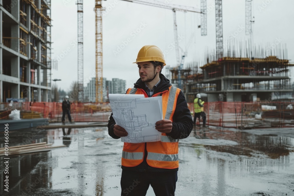 Poster an engineer stands on a construction site, holding blueprints, while overseeing work amidst cranes a