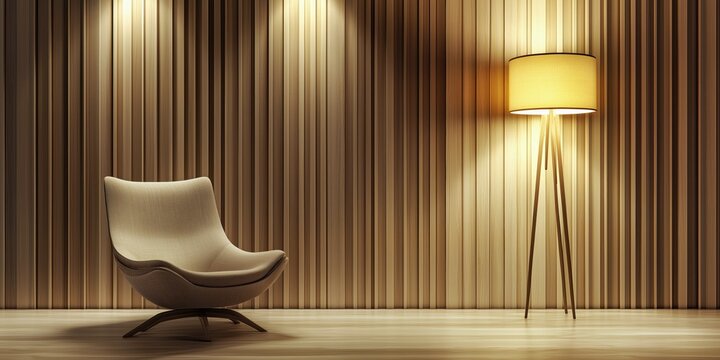 Warm and inviting interior design with a wooden pinstriped wall