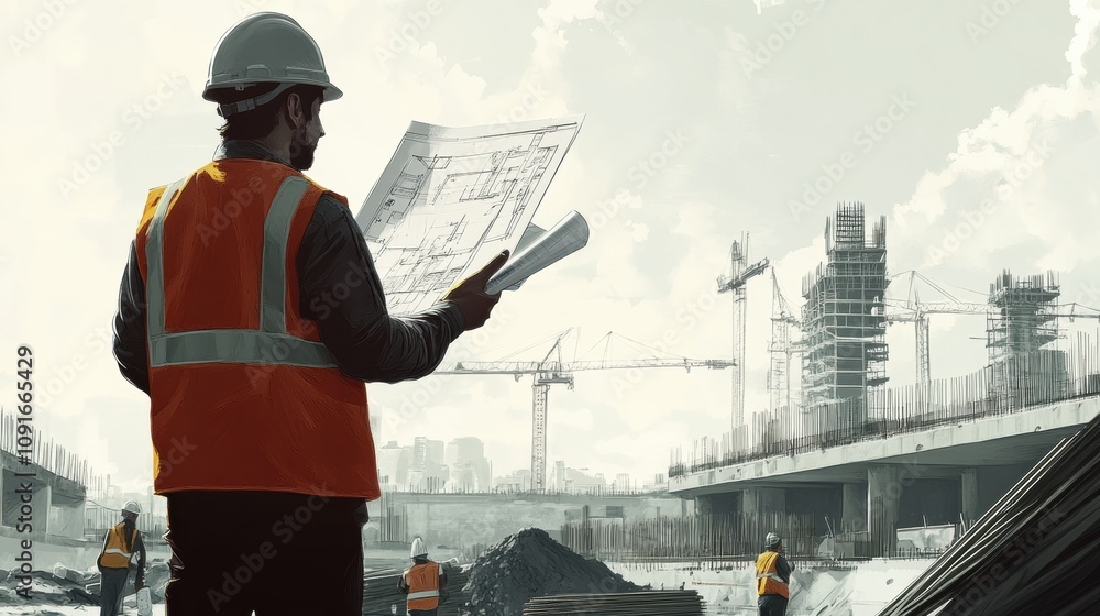 Poster engineer stands on construction site examining blueprints while construction workers operate machine