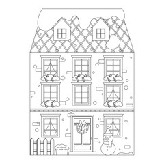 Winter Christmas european house vector illustration coloring page