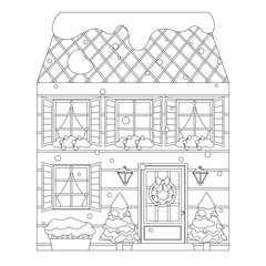 Winter Christmas european house vector illustration coloring page