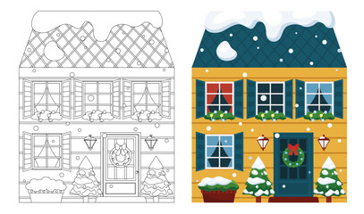 Winter Christmas european house vector illustration coloring page