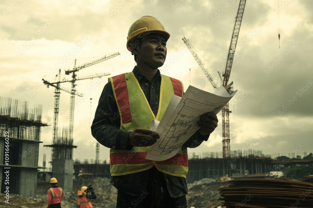 Poster engineer examines blueprints while standing at a construction site filled with cranes and workers un