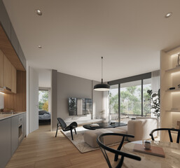 modern living room with kitchen