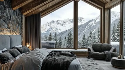 Cozy mountain retreat with modern design featuring panoramic views of snowy peaks and forests