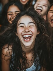 Fototapeta premium Young diverse people having fun outdoor laughing together - Focus on asian girl face