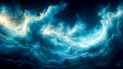 Abstract waves inspired by ocean currents in shades of blue and teal, featuring flowing textures and ultra-sharp dynamic lighting.