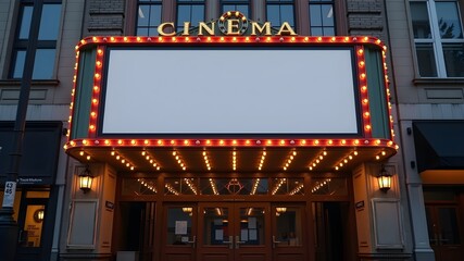 Cinema marquee mockup with blank poster and illuminated signage, classic entertainment venue