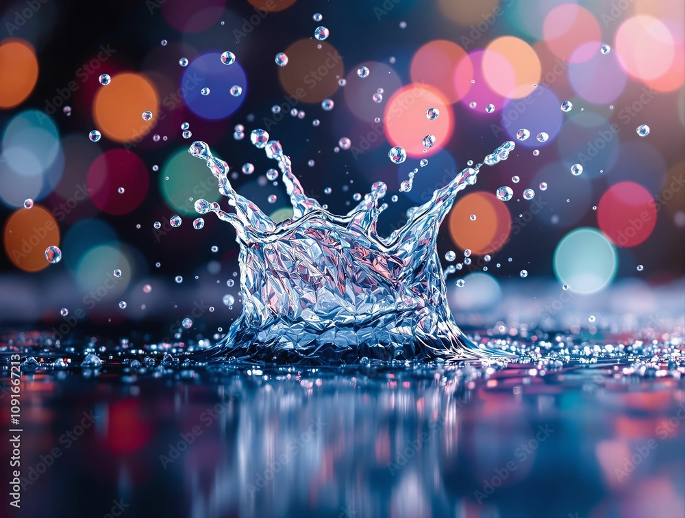 Aufkleber an abstract splash of water frozen in mid-air, soft bokeh of colorful lights in the background, dyna