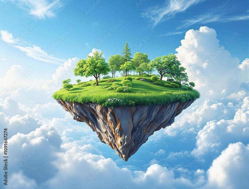 Poster A floating island in a dreamy sky, vibrant greenery on the island, soft bokeh of clouds, and dynamic motion in the atmosphere