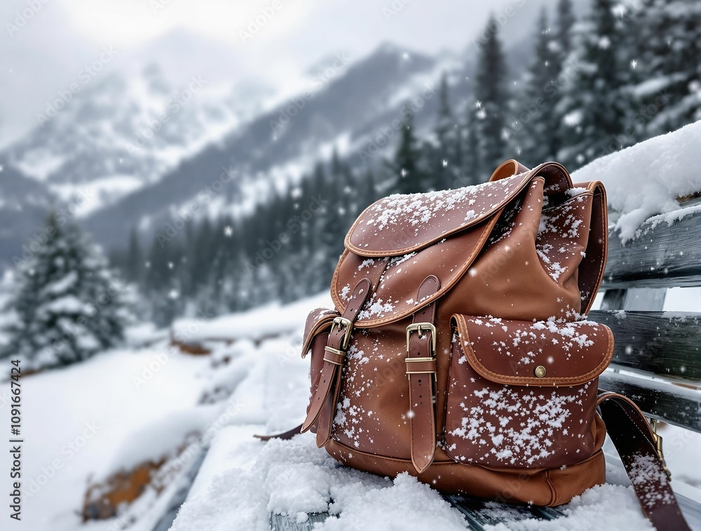 Poster a leather backpack resting on a snowy bench, its buckles glinting, with falling snowflakes in sharp 