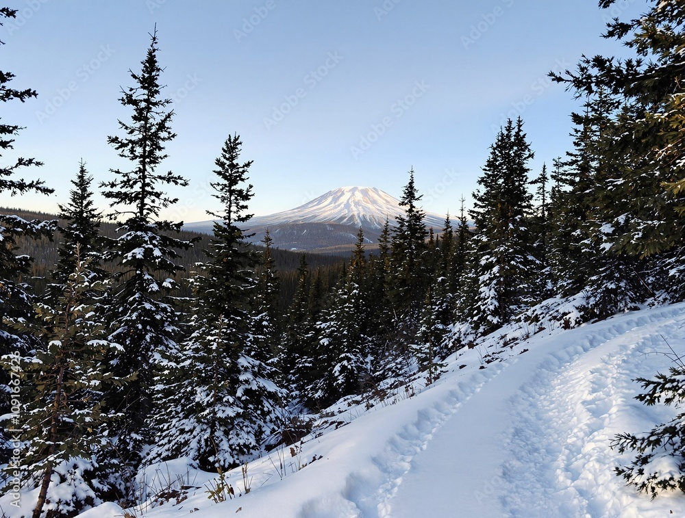 Poster a winter hiking trail through a dense pine forest, footprints in the snow, and a distant view of a f