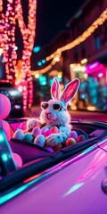 easter bunny sits in a convertible, drives cool, with sunglasses, and the car is full of eggs,  - generative ai