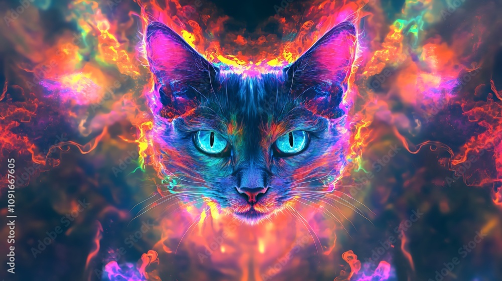 Poster multicolored cat glowing within surreal neon kaleidoscopic patterns image