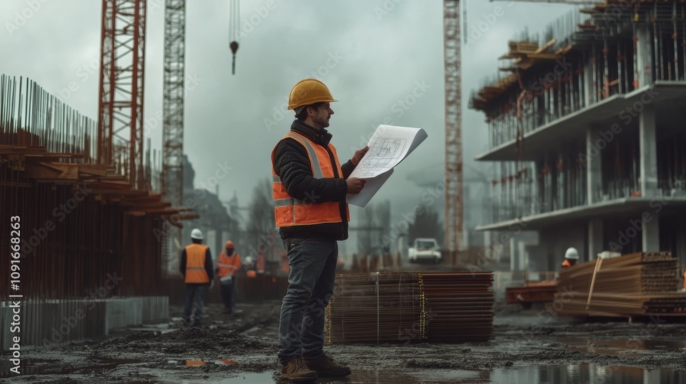 Poster an engineer stands on a busy construction site, examining blueprints amidst cranes and workers durin
