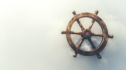 Obraz premium Wooden Ship Wheel Against Cloudy Sky Background