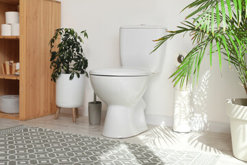 Fototapeta premium Interior of restroom with toilet bowl, shelving unit and plants near white wall