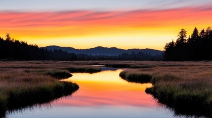 Fototapeta premium Serene Sunrise over Mountain Pond and Forest
