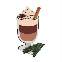 Frappuccino with cinnamon and Christmas tree decoration. Irish coffee. Vector illustration in flat style. White isolated background.