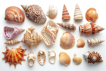 Artful collection of various seashells showcasing nature\'s intricate designs and colors found along the shoreline