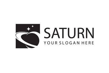 monochrome design of planet saturn with stars isolated on white background